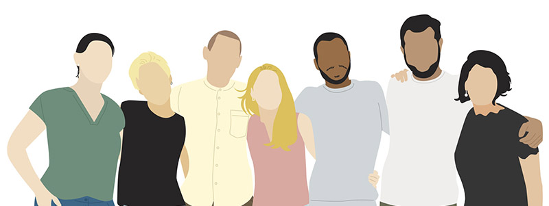 Illustration av sju personer som står tätt bredvid varandra på rad