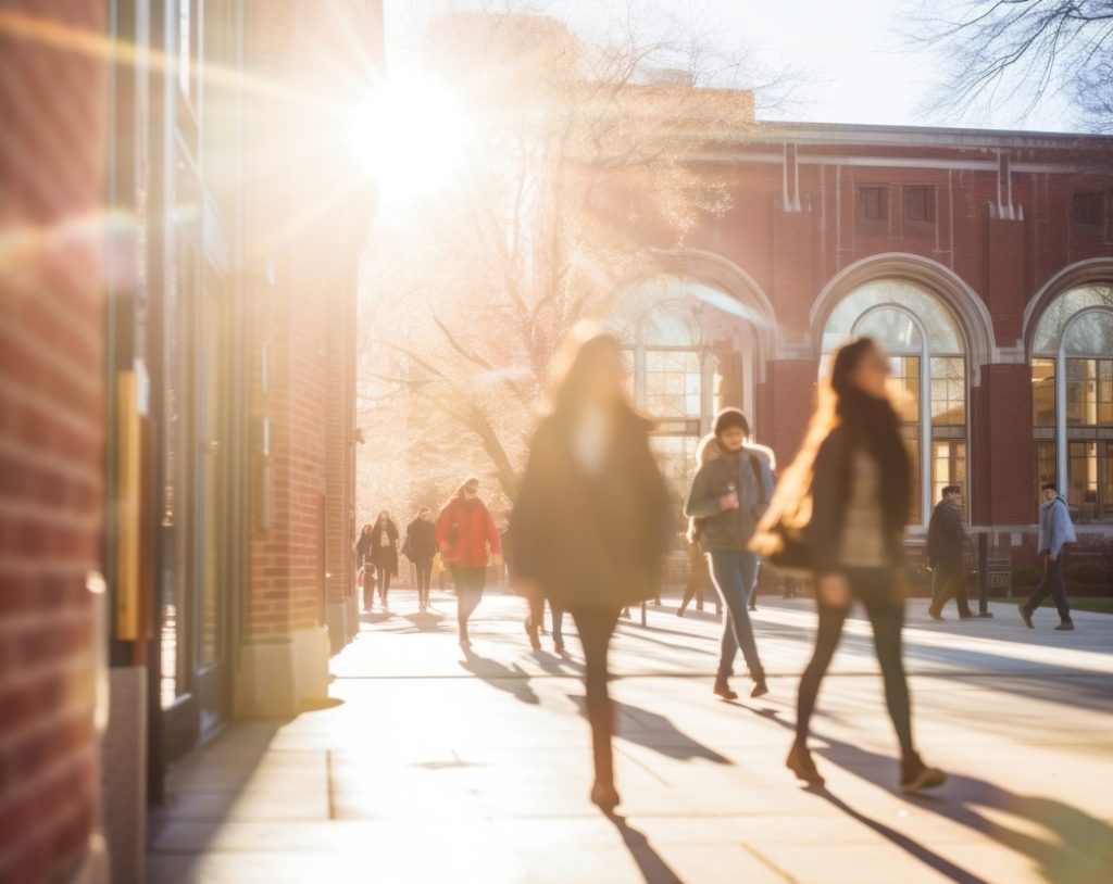 Photograph of students walking buildings morning.
